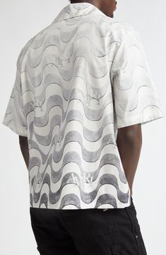 Ombré waves fade from light to dark on a cotton camp shirt intermittently branded with the label's signature staggered logo. Front button closure Convertible collar Elbow-length sleeves 100% cotton Dry clean Made in Italy Designer Clothing Convertible Collar, School Wear, Mens Wear, Camp Shirt, Elbow Length Sleeve, Camping Shirt, Fashion Help, Anniversary Sale, Unisex Baby