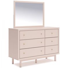 a white dresser with a large mirror on it's top and bottom drawer, against a white background