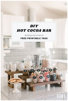 diy hot cocoa bar with free printable tags on the top and below it