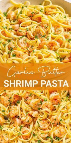 garlic butter shrimp pasta in a skillet