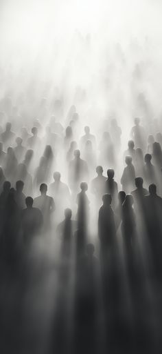 a large group of people standing in the fog