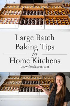 a woman standing in front of boxes of baked goods with the words large batch baking tips for home kitchens