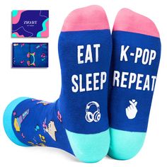 PRICES MAY VARY. KPOP GIFTS: Are you a crazy kpop fans? Our funny Kpop socks feature a secret message written in non-slip ink,"EAT SLEEP K-POP REPEAT". They make a best gift for kpop fans! SIZE COMPATIBILITY AND PACKAGING: Our women's crazy socks are designed to fit shoe sizes 6-12 and sock sizes 8-13. Every gift box comes with one unique kpop merch, a pair of humorous kpop merchandise. TOP-QUALITY FIBERS: Utilizing a blend of 80% cotton, 15% polyamide, and 5% elastane, our novelty kpop stocking