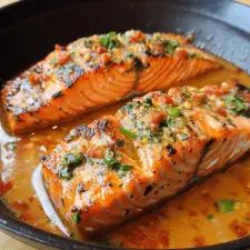 two salmon fillets in a skillet with sauce and seasoning on the side