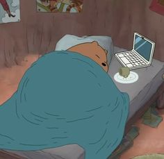 a cartoon character laying in bed with a laptop on the table next to him,