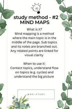 a white background with green leaves and the text study method 2 mind maps what is a method where the main topic is in the middle