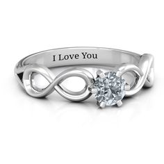 A striking 5mm round stone forms the centerpiece of this double infinity ring. Personalize yours with a genuine diamond or premium cubic zirconia and engrave a special message along the inside of the ring. Double Infinity, Infinity Engagement Ring, Infinity Jewelry, Monogram Ring, Monogram Jewelry, Infinity Ring, Centre Piece, Initial Ring, Personalized Rings