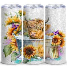 three stainless steel tumbles with an image of a cow and sunflowers