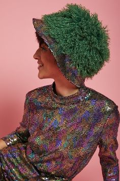 Top off your looks with a statement with our faux Mongolian bucket hat featuring a sequin trim! Wear with it's matching coat for the full look!  15% Viscose 29% Bamboo 56% Modacrylic Lining: 100% Viscose Statement Hat, Mongolian Fur, Faux Fur Bag, Yellow Animals, Fur Gloves, Green Bamboo, Fur Headband, Faux Fur Hat, Faux Fur Scarves