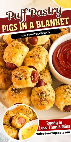 pigs in a blanket with ketchup on the side and text overlay that reads puff pastry pigs in a blanket