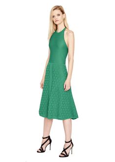 Dory - Women's Textured Chartreuse Yellow Polka Dot Midi Dress. Green polka dot dress with a halter top. Textured dress offers a back zipper and a 29 inch length from the waist. A 1-1/8 inch polka dot pattern adorns this sleeveless dress. Women's polka dot dress features a stretch pique knit with a fully lined bodice. Italian yarn, 85% viscose and 15% elite polyamide blend. Dry clean only. Product of France. Womens Polka Dot Dress, King Of Prussia Mall, Green Polka Dot Dress, Polka Dot Midi Dress, Midi Dress Green, Yellow Polka Dot, Textured Dress, Green Polka Dot, Dress Halter