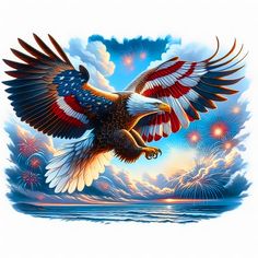 an eagle flying over the ocean with fireworks in the background