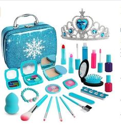 the contents of a princess's makeup set are shown in this image, and there is