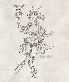 a black and white drawing of a woman with a skull on her head holding a doll