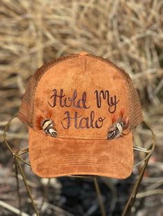 "Custom hand burned Trucker Hat just for you!  Colors: Cognac Gray When my dad passed away, I made my mom a hat to commemorate him... with places they've traveled, songs they sung, and things that reminded her of him. I loved it so much, I made myself one with my moms favorite Bible verse, my dads ammo casing and so many things I cherish. When I posted them to my friends, I started getting others wanting a special custom hat.  One for a gift to attend a concert. We put the nickname name her Papa Burned Hats, Favorite Bible Verse, Custom Trucker Hats, Hand Burn, To My Friends, Mobile Boutique, Country Clothing, Cowgirl Hat, Cap Designs