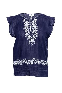 Current Boutique-Joie - Navy Cotton Embroidered Short Sleeve Top Sz S Navy Embroidered Cotton Tops, Spring Cotton Indigo Top, Indigo Cotton Top For Spring, Chic Blue Tops With Floral Embroidery, Indigo Relaxed Fit Top For Summer, Navy Relaxed Fit Blouse For Spring, Chic Navy Summer Top, Chic Embroidered Tops With Relaxed Fit, Chic Embroidered Relaxed Fit Tops