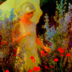 a painting of a woman holding an umbrella in a field full of wildflowers