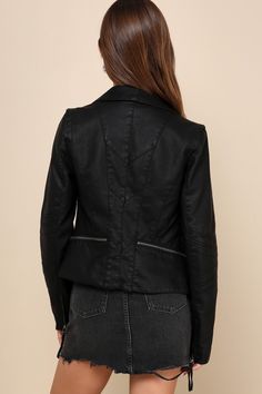 Weekday or not, spice up the night with the Lulus Up on a Tuesday Black Vegan Leather Jacket! This sleek moto jacket has a collared neckline, long sleeves with zipper cuffs, and eye-catching top-stitching throughout. Gunmetal zippers provide a centered front zipper, decorative zipper pockets, and horizontal zips above the hem. Fit: This garment fits true to size. Length: Size medium measures 22.5" from shoulder to hem. Bust: Great for any cup size. Waist: Loosely Fitted. Undergarments: May be wo Chic Biker Jacket With Zip Fly For Workwear, Spring Black Outerwear With Metal Zipper, Black Spring Outerwear With Metal Zipper, Sleek Fitted Biker Jacket With Long Sleeves, Sleek Fitted Outerwear With Asymmetrical Zip, Edgy Spring Outerwear With Metal Zipper, Chic Biker Jacket With Pockets, Edgy Fitted Outerwear With Zip Fly, Fitted Biker Jacket With Metal Zipper For Spring