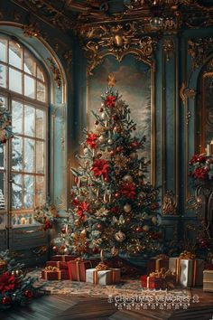 a decorated christmas tree sitting in front of a window