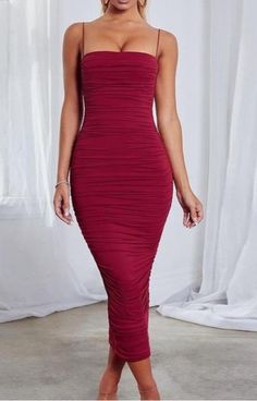 Maroon Spaghetti Straps Ruched Slim Fit Maxi Bodycon Dress. This dress will make you look very elegant and feminine. The features of this dress are the following: maxi, ruched, maroon color. Long Bodycon Dress Outfit, Bodycon Dress Outfit Party, Classy Bodycon Dress, Bodycon Dress Long, Formal Ideas, Dress Outfits Party, Ooh Ahh, Canada Trip, Body Con Dress Outfit