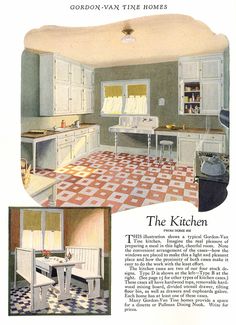 an old fashioned kitchen with white cabinets and checkerboard flooring on the walls