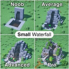 four different images of small waterfalls in the middle of grass and rocks, with text that reads nob average