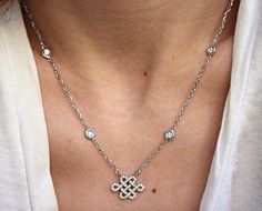 Tibetan Endless Love Knot Diamond by the yard Necklace  #jewelry #diamond #sillyshiny #gold #unique #engagement #uniquerings #sillyshinydiamonds #rings Diamond By The Yard, Elephant Charm Necklace, Tibetan Necklace, Necklace White Gold, Lucky Charm Necklace, White Gold Pendant Necklace, Pendant Diamond, Necklace Love, White Gold Pendant