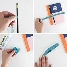 four photos showing how to make an origami book with scissors and paper strips