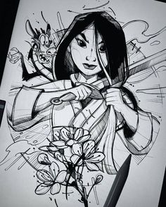 a drawing of a woman holding a bow and arrow in her hand with flowers on the side