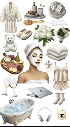 an image of a woman with facial mask on and various items around her face, including bathrobe, towel, soap, wine glass, candle, teddy bear, candles, bottle