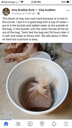 a white bowl filled with food sitting on top of a counter next to a plastic bag