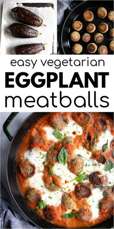 eggplant meatballs in a skillet with cheese and basil on top, an eggplant pita bread