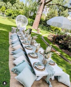 a long table set up with plates and place settings for an outdoor dinner in the park