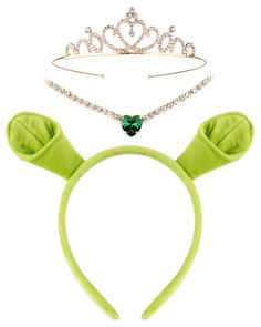 a green headband with ears and a tiara