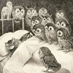 an owl is laying in bed surrounded by owls