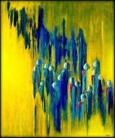 an abstract painting with blue and yellow colors on the subject, it looks like people are standing together