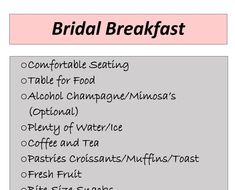 a menu with the words bridal breakfast written in black and white on pink paper