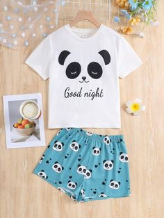 Color:Green \nFabric:Medium Stretch \nCare Instructions:Machine wash, do not dry clean,wash with the soft detergent \nSheer:No \n College Dresses, Casual Home Outfits, Pajamas For Teens, College Dress, Shorts Sleepwear, Cute Pajama Sets, Drawstring Waist Shorts, Panda Print, Cute Pajamas