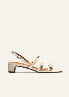 Pearl Detail Nappa Kitten Sandal Ivory Elegant Pearl-embellished Open Toe Sandals, White Pearl Open Toe Heels, Elegant White Pearl Heels, Elegant Cream Sandals For Evening, Elegant Cream Evening Sandals, Elegant Cream Sandals With Padded Heel, Flat Footwear, Ankle Sleeve, Leather Supplies