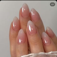 Glittery Almond French Tip, Short Clean Almond Nails, Gradient French Nails Almond, Pink And White Ombre Nails Sparkle Almond, Bridal Nails Ombre Glitter, Pink Acyrilics Nails Almond, French Tip Dip Powder Nails Almond, Ombre Shimmer Nails