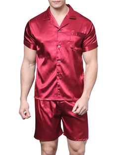 PRICES MAY VARY. Premium silk-like satin pajama set for men, 100% polyester. Short sleeve top with one front pocket on chest. Elastic waistband shorts with one button fly. Light weight polyester satin with silky feel for comfy night sleep. Great gift for family or friend. Good choice for Father's Day gift. New dark colored fabric will lose floating color from its surface, especially black. We suggest you wash your new satin products before wearing. If possible, please use neutral detergent to wa Mens Silk Pajamas, Pajamas Short, Satin Pajama Set, Satin Pajama, Best Pajamas, Night Sleep, Satin Pyjama Set, Satin Pajamas, Sleepwear Sets