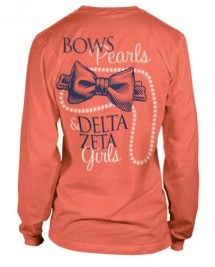 a woman wearing an orange shirt with bow ties on it's back and the words bows pearls delta girls