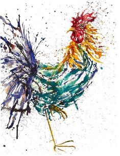 a watercolor painting of a rooster with colorful feathers and paint splatters on it