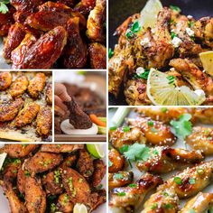 several different pictures of chicken wings, lemon wedges and garnishes