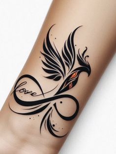 a tattoo on the arm of a woman with a black bird and one word written in it