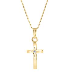 A traditional symbol of faith, this exquisitely crafted 14k yellow gold-filled cross pendant necklace is sure to become a treasured keepsake for the special child in your life. Featuring a round accent diamond encompassed by intricate flowering detail, the cross pendant pairs with a classic chain that fastens with a ring clasp. The chain measures 13 inches in length while the pendant measures 13mm in length by 8mm in width. Gift Cross Necklace With Diamond Accents, Gold Cross Pendant Necklace With Diamond Accents, Elegant Personalized Crucifix Jewelry, 14k Gold Cross Necklace For First Communion, Diamond Cut Cross Necklace As Gift, Yellow Gold Cross Pendant Necklace For First Communion, White Gold Cross Pendant Necklace For First Communion, Gift Cross Necklace With Diamond Cut, White Gold Cross Pendant For First Communion