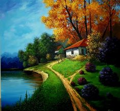 a painting of a house by the water