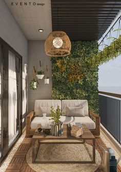 a living room with couches, tables and plants on the wall in front of it