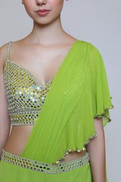 Shop for Preeti S Kapoor Green Georgette Draped Gharara Saree Set for Women Online at Aza Fashions Fitted Green Pre-draped Saree With Mirror Work, Green Draped Party Sets, Pista Green Sharara With Unstitched Blouse For Party, Green Palazzo Set For Navratri Party, Green Saree For Summer Party, Green Summer Party Saree, Summer Party Green Saree, Green Sharara With Traditional Drape For Summer, Green Palazzo Set With Unstitched Blouse For Festivals