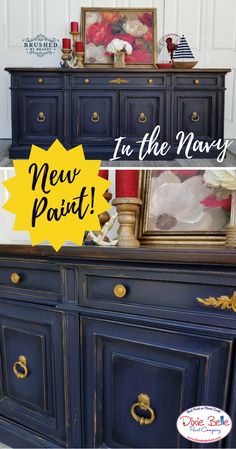 an old dresser painted in navy blue and gold with the words new paint on it